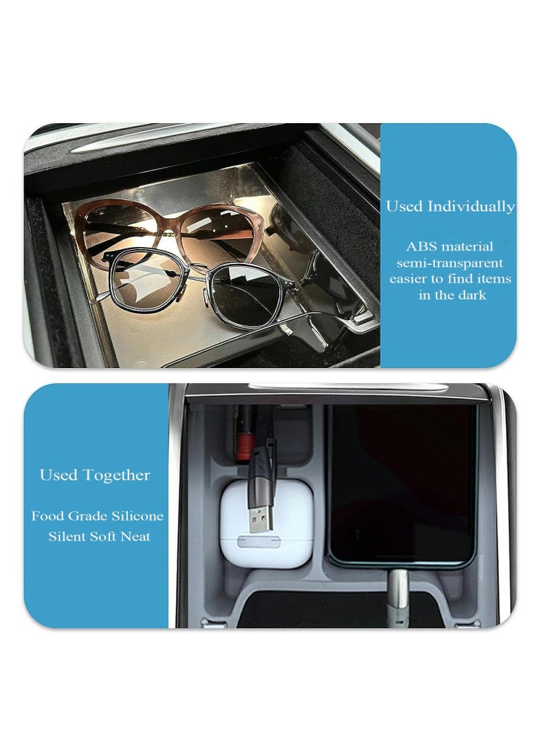 Excefore Light Transmission Design Center Console Organizer Tray For 2021 2023 Tesla Model Y Model 3, Washable Silicone Liner Refresh Console Model 3 Model Y Accessories, 3 Compartments, Gray Trim  - Image 2