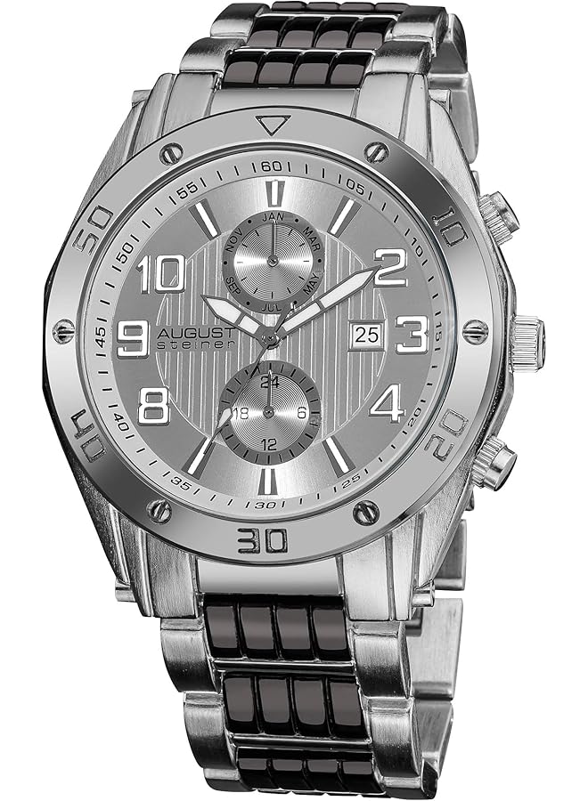 August Steiner Men Urban Tachymeter Bezel Fashion Watch Bold Numbers On Dial With Day Of Week And Date Subdial On Two Tone Black And Silver Stainless Steel Bracelet As8070 - Image 1