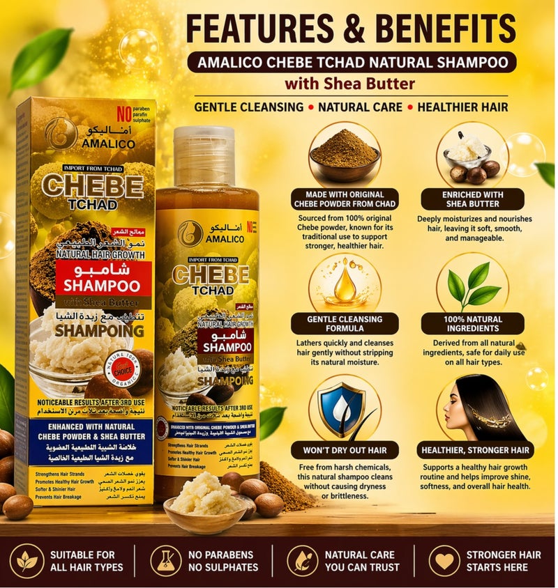 Amalico Chebe Tchad Shampoo With Shea Butter 500ml Natural Hair Growth Strengthening & Moisturizing Formula - Image 2