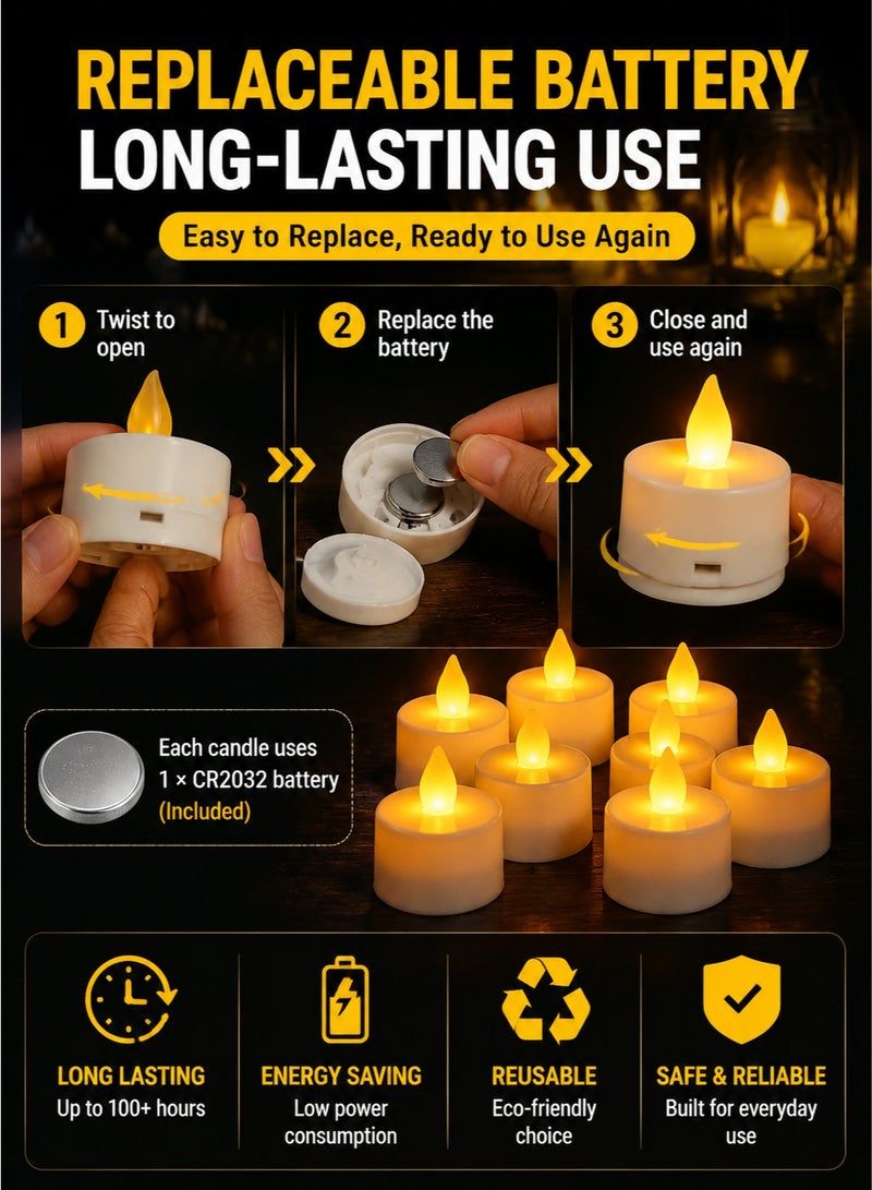 Monda 24 Pack LED Flameless Tea Lights Candles, Warm White Flickering Battery Operated Tea Candles with Replaceable Batteries, Safe Decorative Lights for Ramadan, Eid, Wedding, Home, Restaurant & Table Centerpieces - Image 4