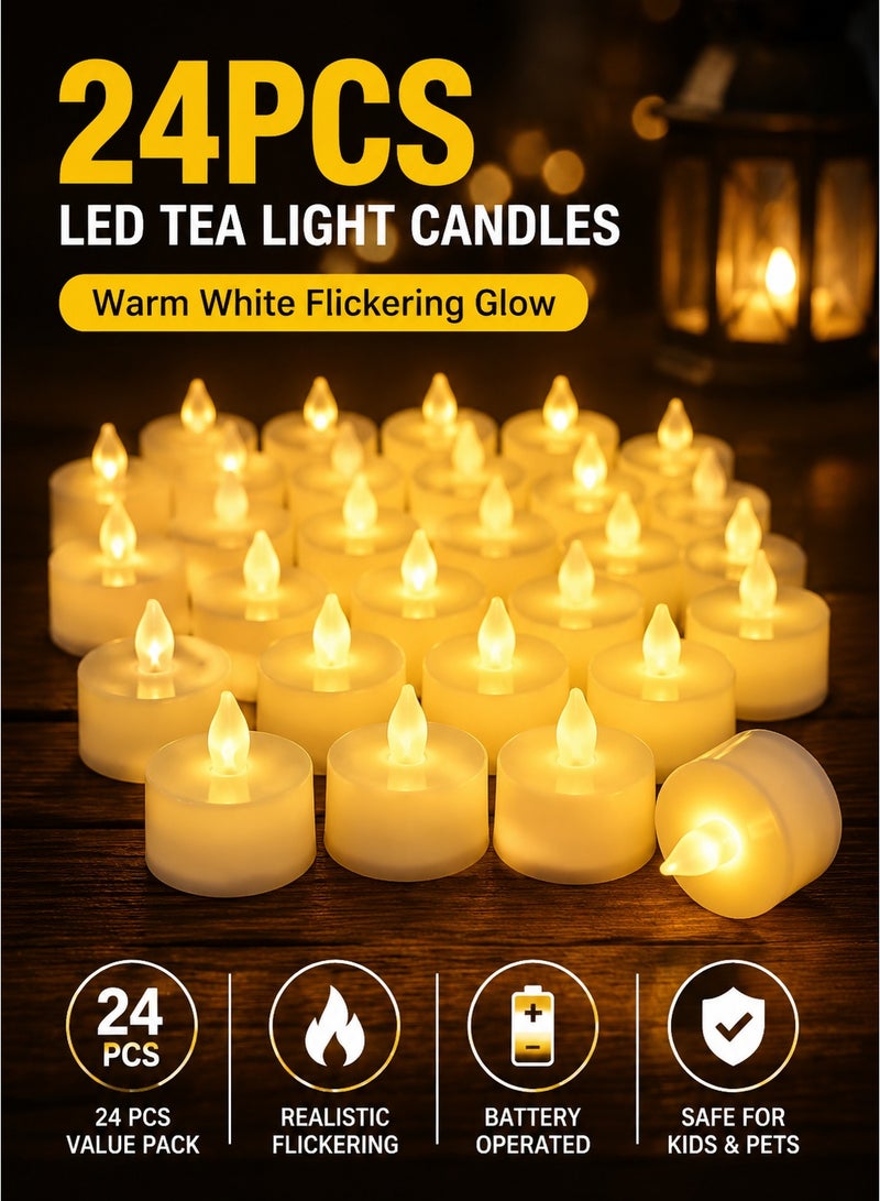 Monda 24 Pack LED Flameless Tea Lights Candles, Warm White Flickering Battery Operated Tea Candles with Replaceable Batteries, Safe Decorative Lights for Ramadan, Eid, Wedding, Home, Restaurant & Table Centerpieces - Image 1