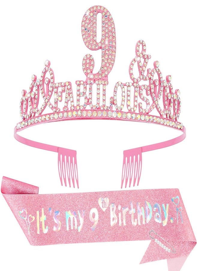 Hapdoo 9th Birthday Decorations for Girls Set - Happy 9th Birthday Princess Crown and Glitter Sash, 9 Year Old Girl Tiara Party Decorations Supplies Outfit Accessory Gifts - Image 1