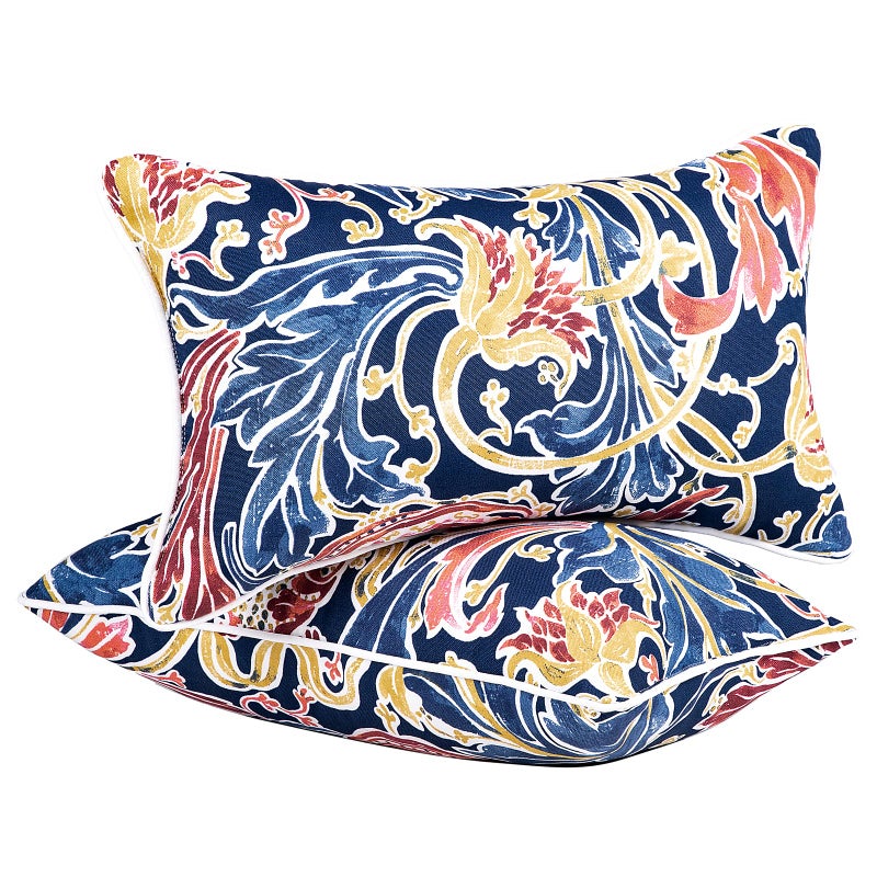 JMGBird Water-Resistant Outdoor Pillows Set of 2, 12x20 inch Durable Blue with Pomegranate Flower Pattern Throw Pillows with Inserts for Patio Furniture - Image 1
