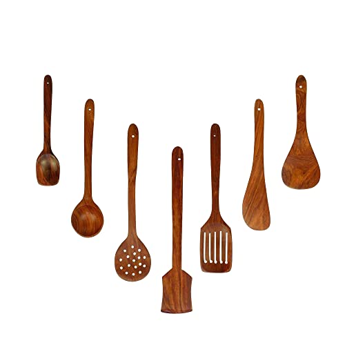 CRAFTCASTLE Sheesham Wooden Serving & Cooking Spoons for Kitchen & Dining Table Set of 7 (Brown) - Image 5