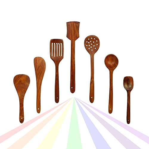 CRAFTCASTLE Sheesham Wooden Serving & Cooking Spoons for Kitchen & Dining Table Set of 7 (Brown) - Image 1