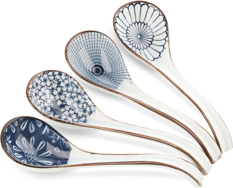 WHJY Asian Soup Spoon, Ceramic Ramen Spoon, Ramen Soup Spoon, Chinese Ceramic Spoons, Miso Soup Spoons Dumpling - Set of 4 Blue and White - Image 1