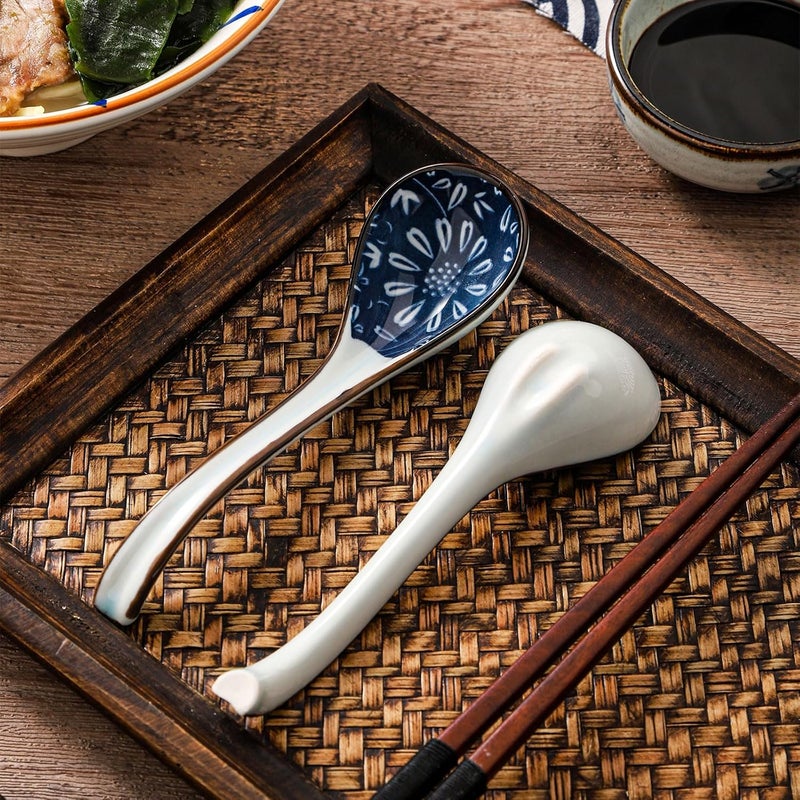 WHJY Asian Soup Spoon, Ceramic Ramen Spoon, Ramen Soup Spoon, Chinese Ceramic Spoons, Miso Soup Spoons Dumpling - Set of 4 Blue and White - Image 3