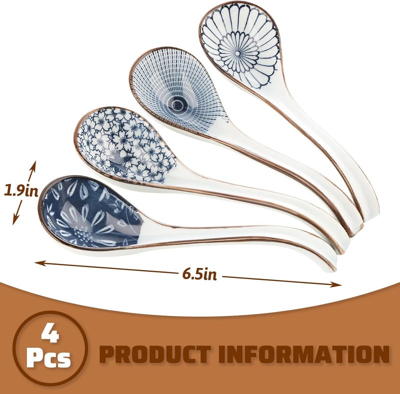 WHJY Asian Soup Spoon, Ceramic Ramen Spoon, Ramen Soup Spoon, Chinese Ceramic Spoons, Miso Soup Spoons Dumpling - Set of 4 Blue and White - Image 2