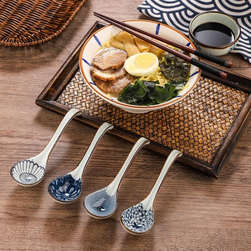 WHJY Asian Soup Spoon, Ceramic Ramen Spoon, Ramen Soup Spoon, Chinese Ceramic Spoons, Miso Soup Spoons Dumpling - Set of 4 Blue and White - Image 4