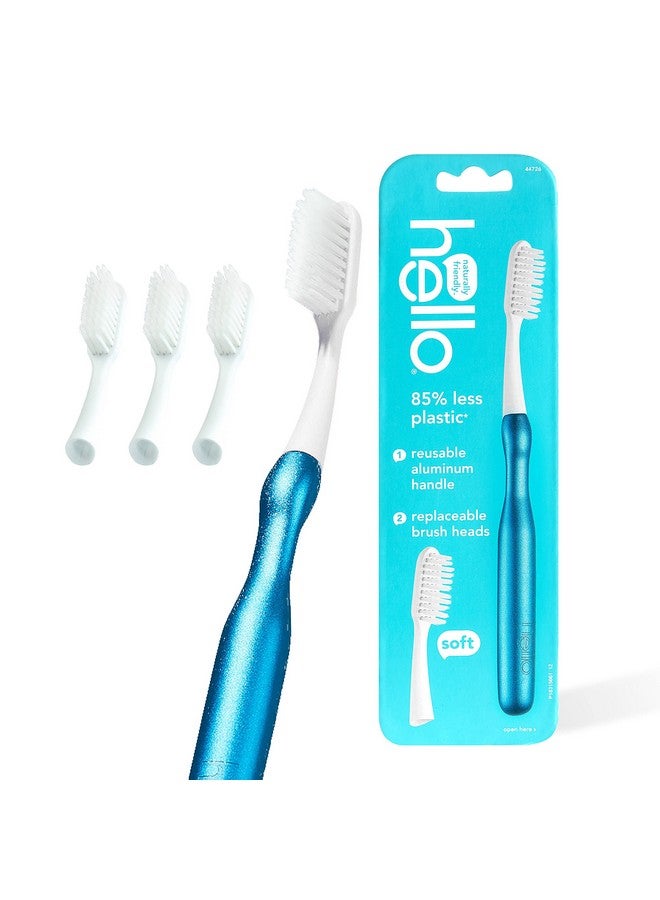 Hello Manual Adult Toothbrush With Reusable Blue Modern Aluminum Handle & 4 Soft Replacement Heads, Bpa-Free, 4 Count