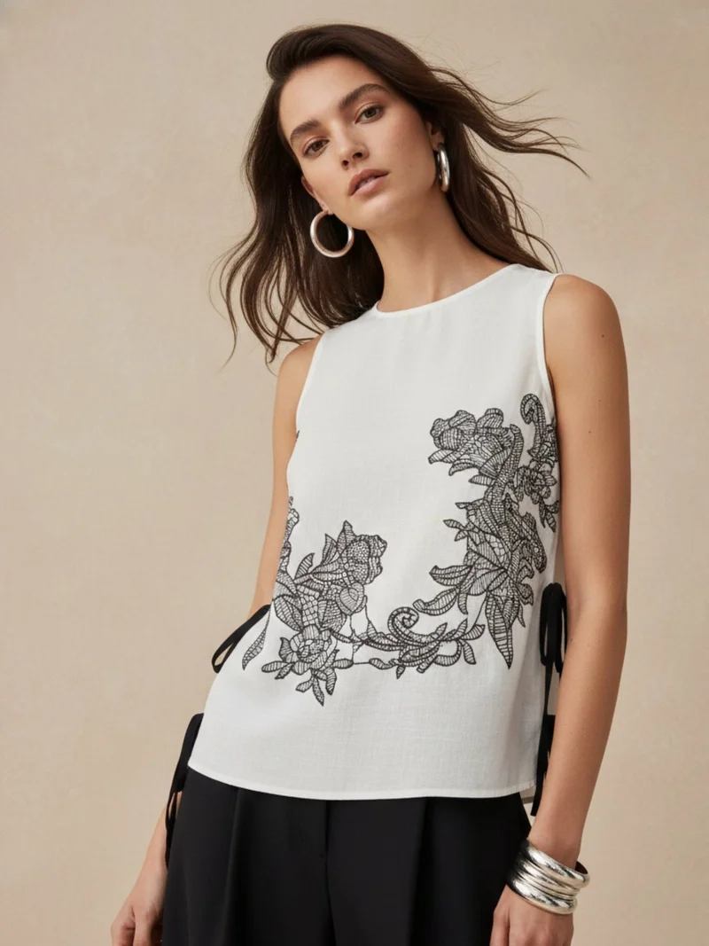 Outzidr  Off White Printed Floral Bouse With Tie Up Bow Detail for Women | Best Price UAE