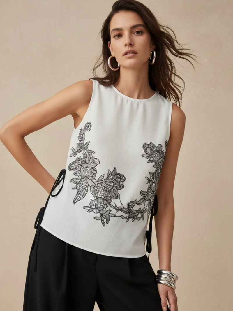 أوجيدر Off White Printed Floral Bouse With Tie Up Bow Detail