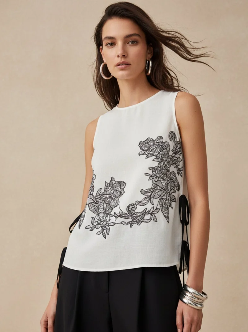 أوجيدر Off White Printed Floral Bouse With Tie Up Bow Detail