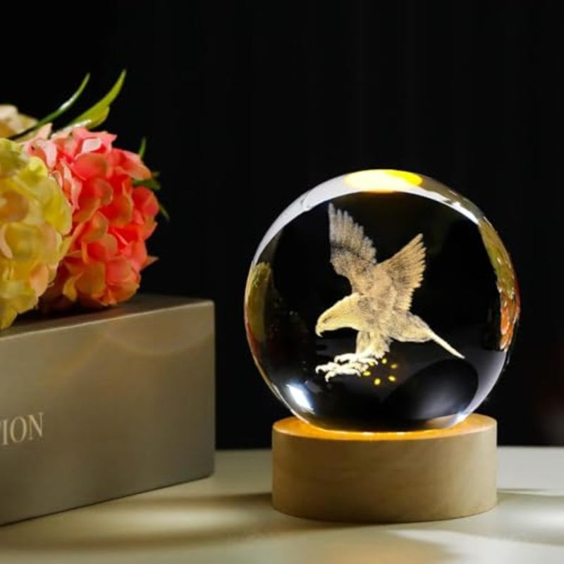 3D Laser Etched Eagle Crystal Ball, Eagle Statue Decor Crystal Sphere Lamp Night Light, Glass Animal Figurines Collectibles Gifts for Women - Image 4