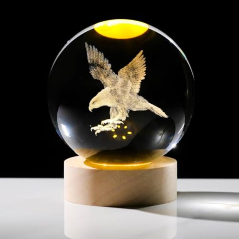3D Laser Etched Eagle Crystal Ball, Eagle Statue Decor Crystal Sphere Lamp Night Light, Glass Animal Figurines Collectibles Gifts for Women - Image 1