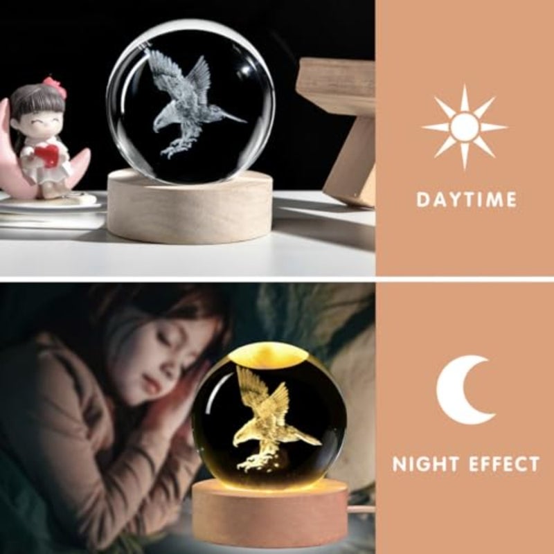 3D Laser Etched Eagle Crystal Ball, Eagle Statue Decor Crystal Sphere Lamp Night Light, Glass Animal Figurines Collectibles Gifts for Women - Image 5