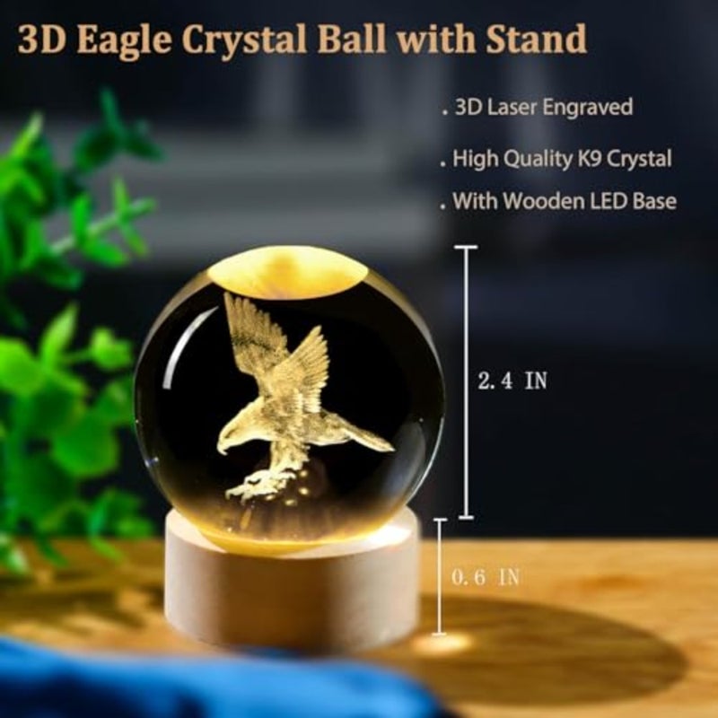 3D Laser Etched Eagle Crystal Ball, Eagle Statue Decor Crystal Sphere Lamp Night Light, Glass Animal Figurines Collectibles Gifts for Women - Image 2