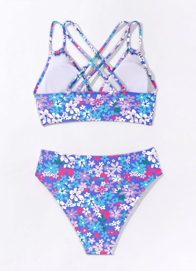 Tainehs Women's Push Up V Neck Bikini Sets Criss Cross Back Two Piece Bathing Suit Pink Flower - Image 4