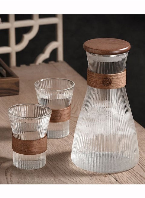 1600ML Glass Jug Set with Lid 1PCS Water Jug Juice and Iced Tea Beverage Carafe  300mL Glass Coffee Mug Cup 2PCS Tea Cup Mousse Mug with Heat Insulation Wood Chips Vertical Stripes