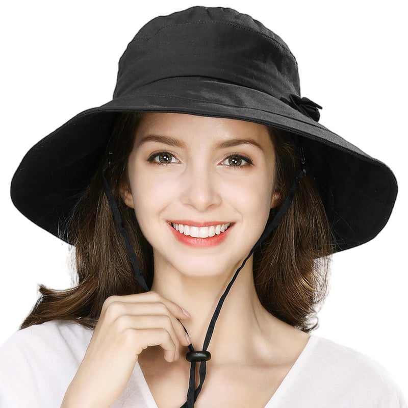Comhats Summer Hat for Women Wide Brim Sun Protection Foldable Beach Safari Hat UPF Large XL Big Black - Image 1