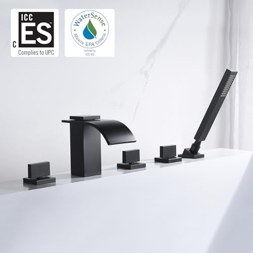 sumerain Waterfall Roman Tub Faucet Matte Black Deck Mount Bath Tub Filler with Hand Shower,High Flow,SUMERAIN - Image 2