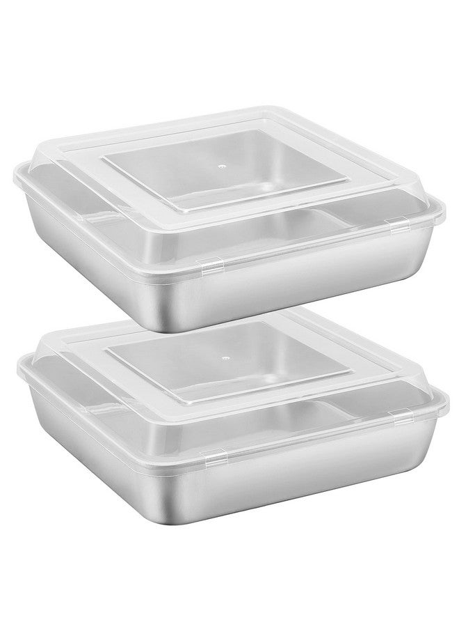 E-far صينية كعكة مربعة 9 إنش مع غطاء، 9x9 صواني براوني من الفولاذ المقاوم للصدأ مجموعة من 2، غير سامة وصحية، سهلة التنظيف وآمنة في غسالة الصحون - 4 قطع (2 صينية + 2 غطاء) - Image 1