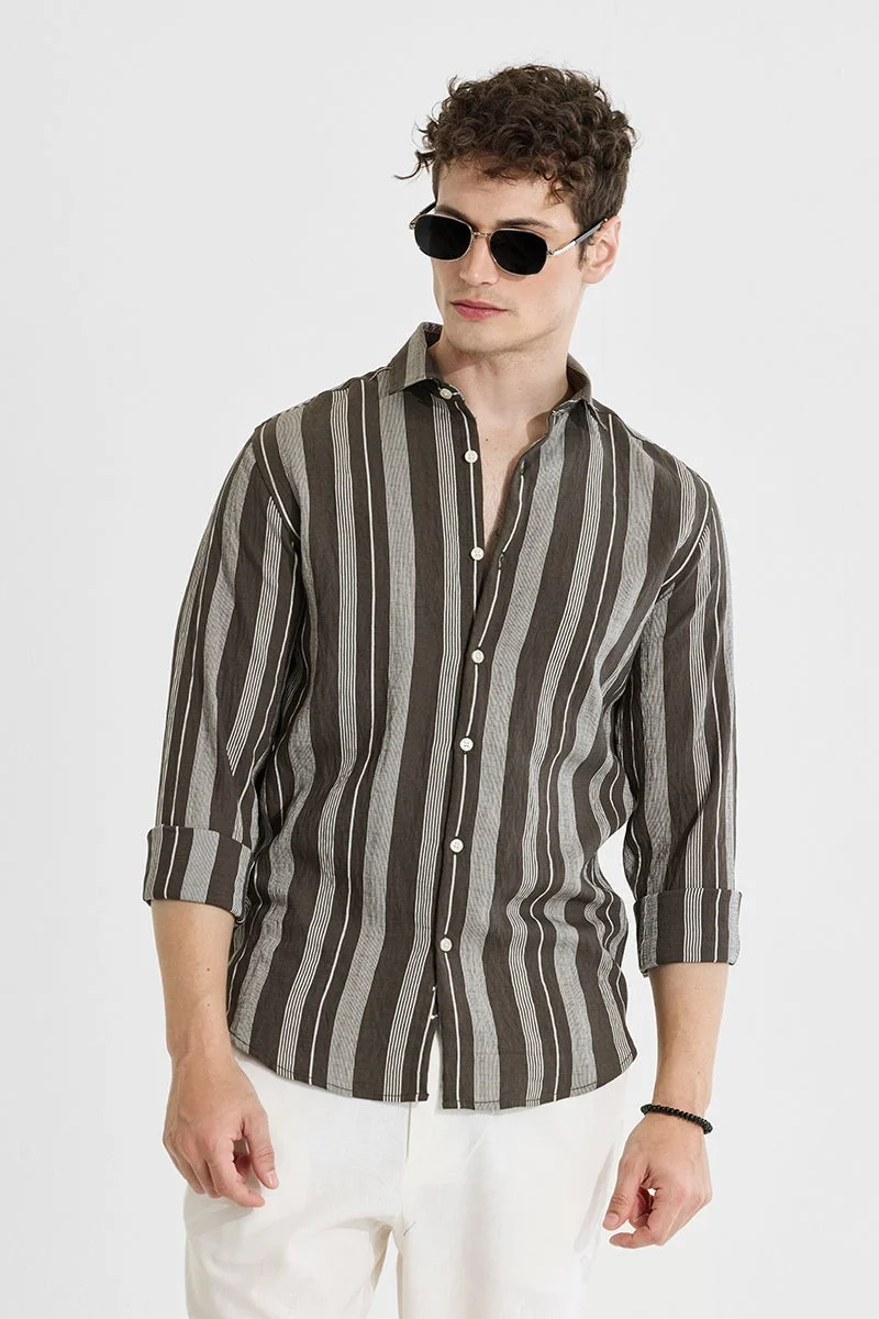 SNITCH Olive Stripes Slim Fit Shirt