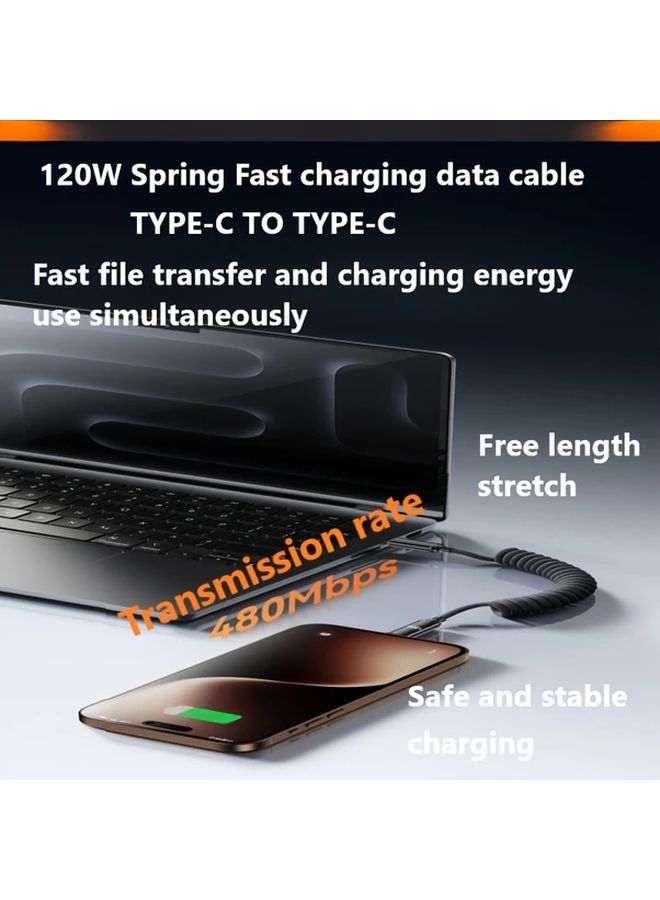 كابل شحن سريع USB-C بقوة 120 واط وطول 100 سم مع سلك بيانات قابل للتمدد بنابض - Image 5