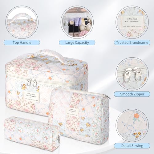 senbowe Floral Makeup Bag, 3 Pack Large Cotton Quilted Makeup Bag Set, Cute Floral Coquette Aesthetic Toiletry Bag Make Up Cosmetic Bag for Women, Toiletry Travel Make Up Organizer Bag - Image 3