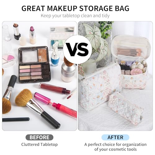 senbowe Floral Makeup Bag, 3 Pack Large Cotton Quilted Makeup Bag Set, Cute Floral Coquette Aesthetic Toiletry Bag Make Up Cosmetic Bag for Women, Toiletry Travel Make Up Organizer Bag - Image 4
