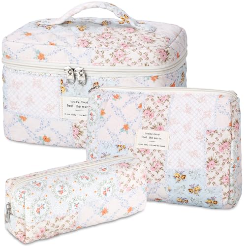 senbowe Floral Makeup Bag, 3 Pack Large Cotton Quilted Makeup Bag Set, Cute Floral Coquette Aesthetic Toiletry Bag Make Up Cosmetic Bag for Women, Toiletry Travel Make Up Organizer Bag - Image 1
