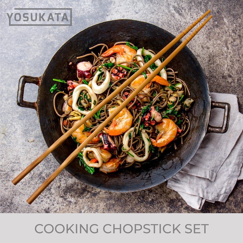 YOSUKATA Reusable Natural Wooden Long Cooking Chopsticks Set of 3 pairs: 11.8 inch, 13-inch, 14.2 inch Brown Long Wok Wooden Chopsticks Reusable - Image 5