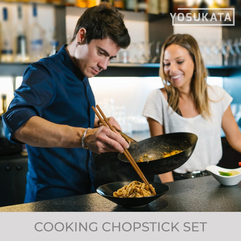 YOSUKATA Reusable Natural Wooden Long Cooking Chopsticks Set of 3 pairs: 11.8 inch, 13-inch, 14.2 inch Brown Long Wok Wooden Chopsticks Reusable - Image 4