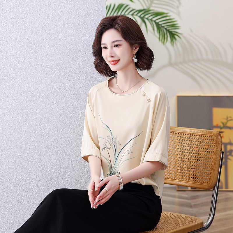 Mother'S Clothes Western Style Middle-Aged And Elderly Women'S Summer Clothes Suit Plus Size Casual 50-Year-Old Short-Sleeved T-Shirt Two-Piece Set - Image 1
