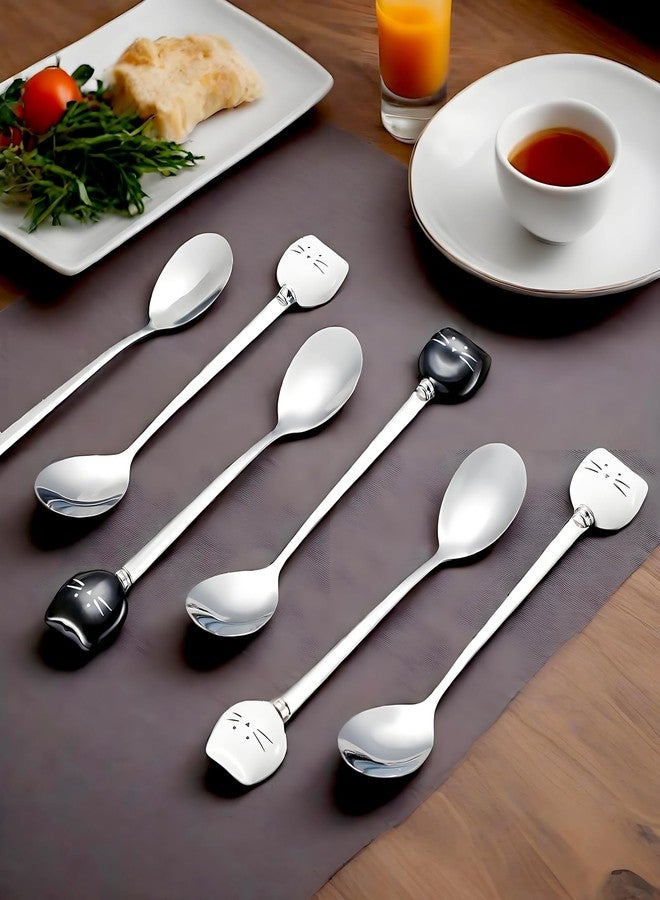 Yaure Joy 4 Pcs Cute Cat Spoon Ceramic Stainless Steel Cat Coffee Spoon Cat Measuring Spoons for Tea Party Cat Spoons for Wet Food (Black and White) - Image 3