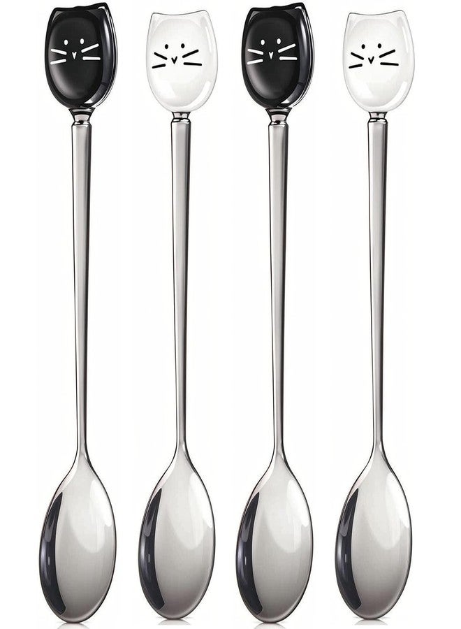 Yaure Joy 4 Pcs Cute Cat Spoon Ceramic Stainless Steel Cat Coffee Spoon Cat Measuring Spoons for Tea Party Cat Spoons for Wet Food (Black and White) - Image 1