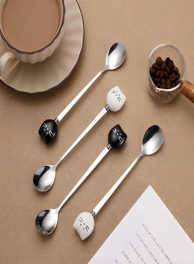 Yaure Joy 4 Pcs Cute Cat Spoon Ceramic Stainless Steel Cat Coffee Spoon Cat Measuring Spoons for Tea Party Cat Spoons for Wet Food (Black and White) - Image 5