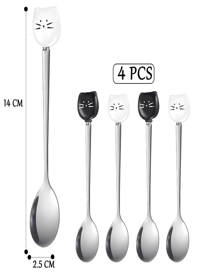 Yaure Joy 4 Pcs Cute Cat Spoon Ceramic Stainless Steel Cat Coffee Spoon Cat Measuring Spoons for Tea Party Cat Spoons for Wet Food (Black and White) - Image 2