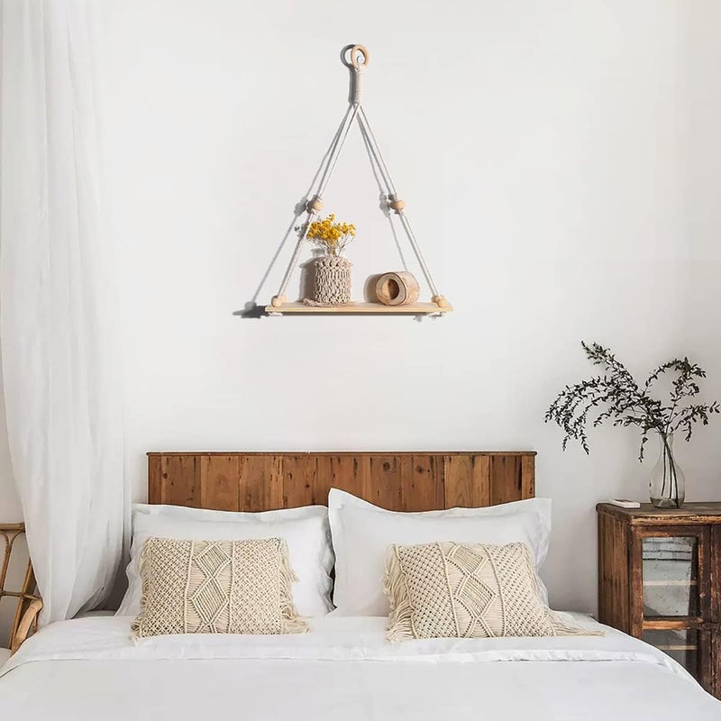 Artilady 2 Pack Wooden Wall Hanging Shelves - Macrame Hanging Plant Shelf Boho, Handmade Rustic Hanger Planter Rack Flower Pot Stand Holder Storage Floating Shelves - Image 5