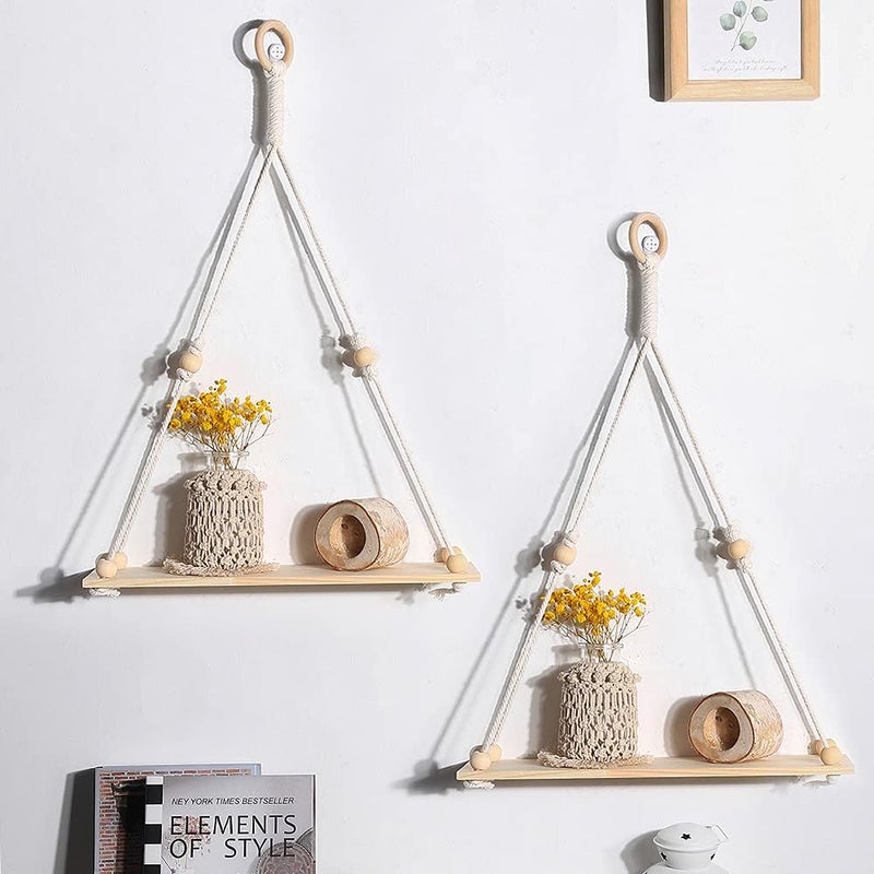 Artilady 2 Pack Wooden Wall Hanging Shelves - Macrame Hanging Plant Shelf Boho, Handmade Rustic Hanger Planter Rack Flower Pot Stand Holder Storage Floating Shelves - Image 1