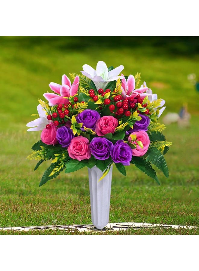 Dolicer 2 Sets Artificial Cemetery Flowers for Grave, Realistic Grave Flowers Memorial Flowers for Cemetery UV Resistant Silk Rose Lily Flowers with Vase for Cemetery Grave Decorations(Colorful) - Image 1