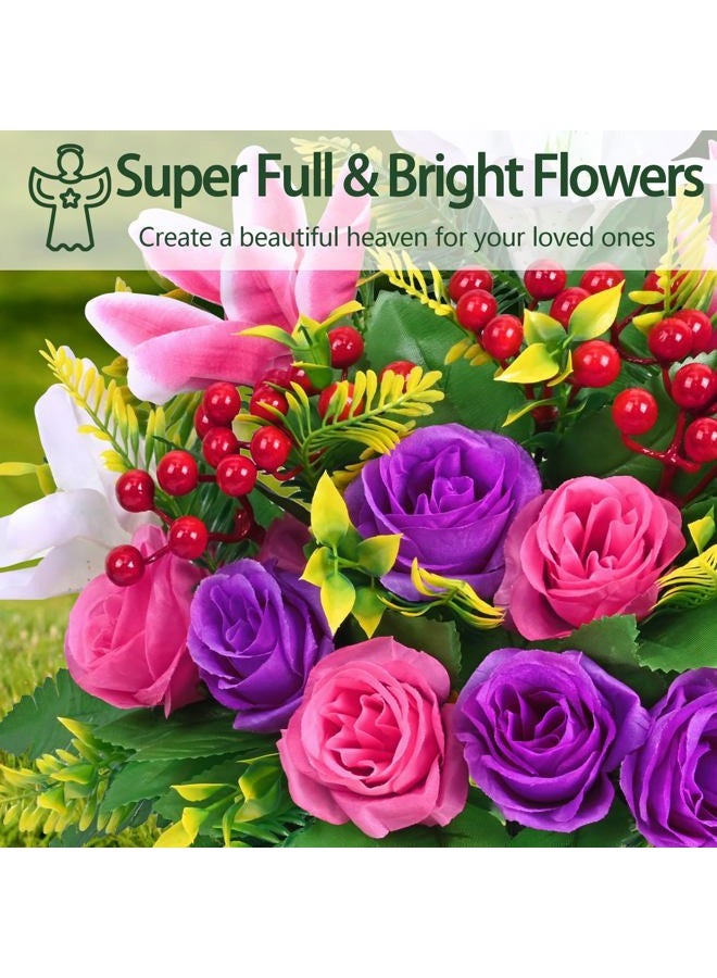 Dolicer 2 Sets Artificial Cemetery Flowers for Grave, Realistic Grave Flowers Memorial Flowers for Cemetery UV Resistant Silk Rose Lily Flowers with Vase for Cemetery Grave Decorations(Colorful) - Image 3