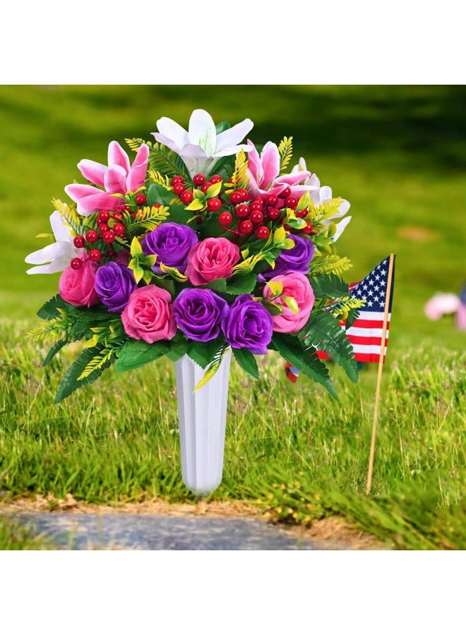 Dolicer 2 Sets Artificial Cemetery Flowers for Grave, Realistic Grave Flowers Memorial Flowers for Cemetery UV Resistant Silk Rose Lily Flowers with Vase for Cemetery Grave Decorations(Colorful) - Image 5