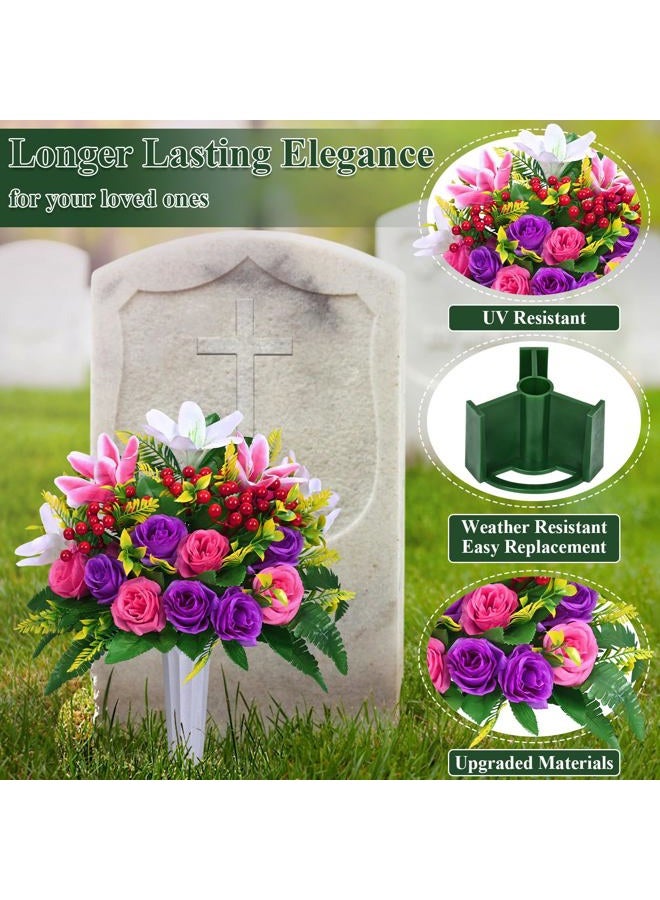 Dolicer 2 Sets Artificial Cemetery Flowers for Grave, Realistic Grave Flowers Memorial Flowers for Cemetery UV Resistant Silk Rose Lily Flowers with Vase for Cemetery Grave Decorations(Colorful) - Image 2