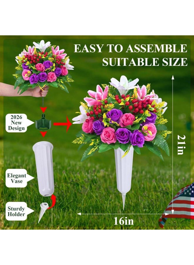 Dolicer 2 Sets Artificial Cemetery Flowers for Grave, Realistic Grave Flowers Memorial Flowers for Cemetery UV Resistant Silk Rose Lily Flowers with Vase for Cemetery Grave Decorations(Colorful) - Image 4