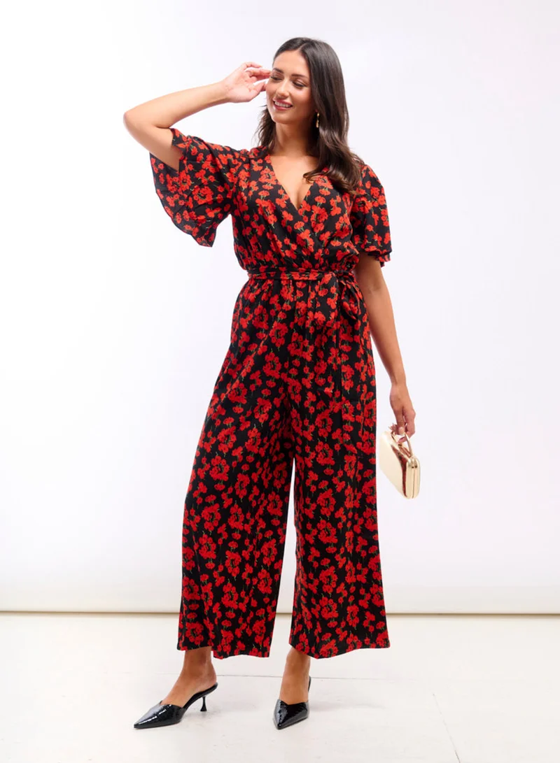 Needs No Label  Red Floral Flutter Sleeve Jumpsuit for Women | Best Price UAE