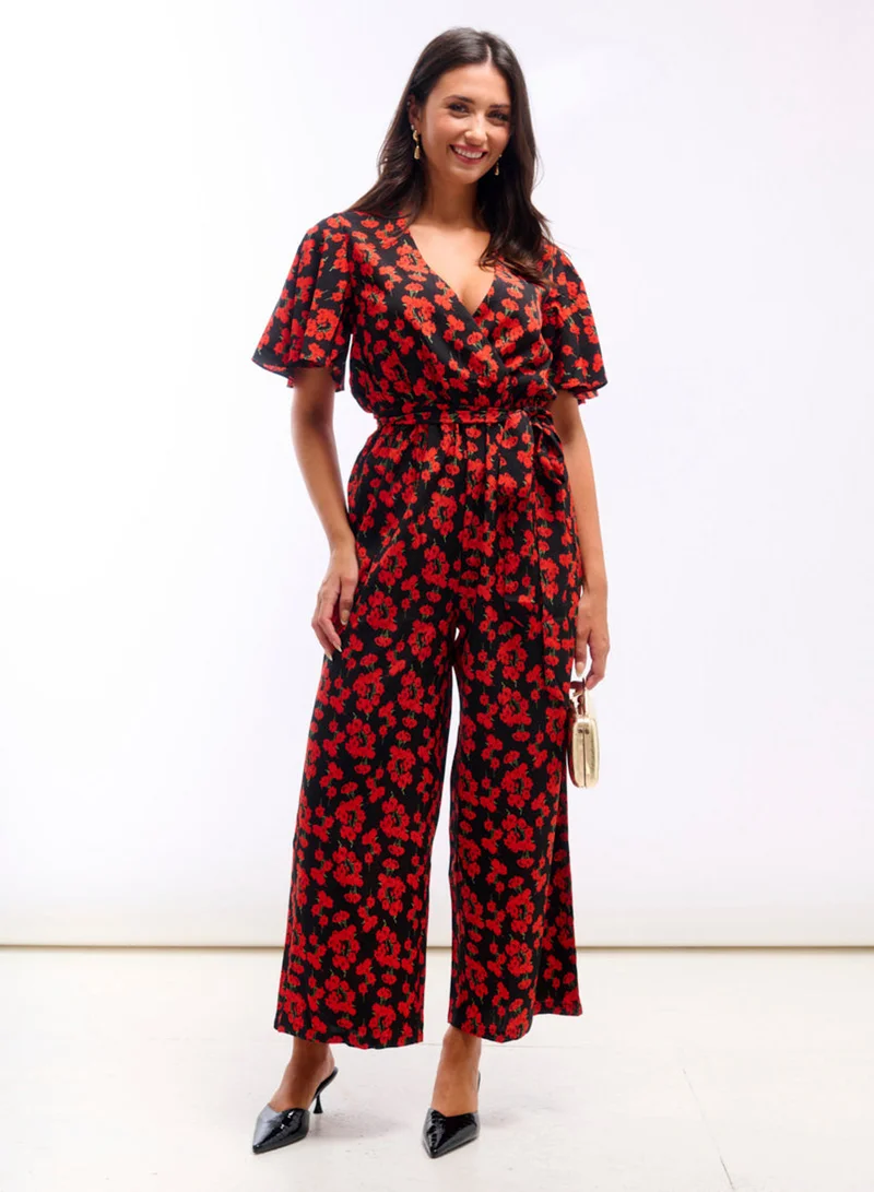 Red Floral Flutter Sleeve Jumpsuit