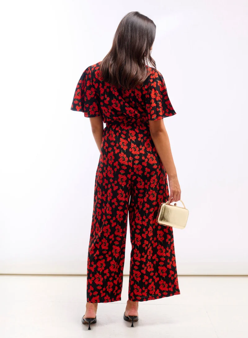 Needs No Label  Red Floral Flutter Sleeve Jumpsuit for Women | Best Price UAE