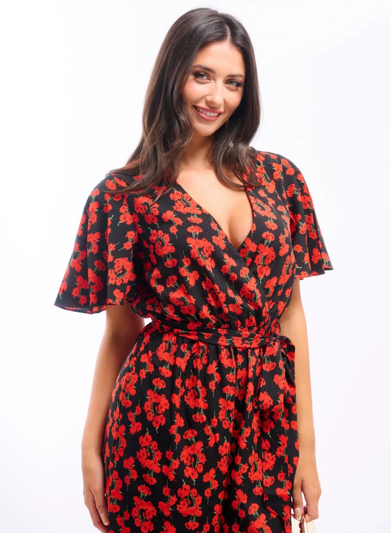 Needs No Label  Red Floral Flutter Sleeve Jumpsuit for Women | Best Price UAE