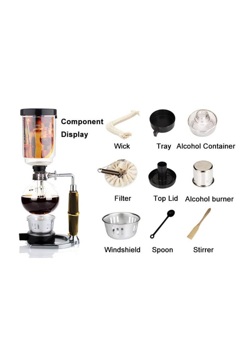 صانعة القهوة ليينغ 5 أكواب بتقنية السيفون (سايفون) مع موقد كحول، ملعقة مسحوق قهوة بلاستيكية، قماش فلتر وعصا خشبية (مقبض خشبي) - Image 2